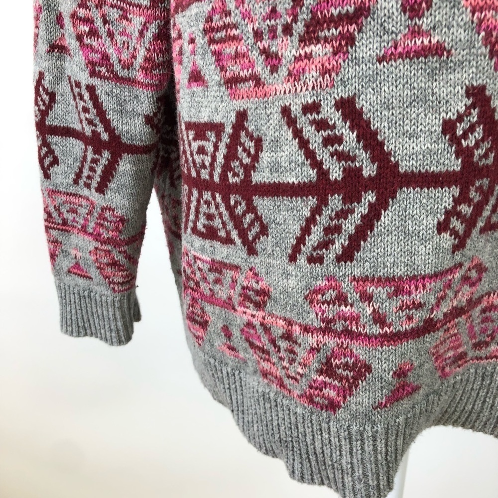 American Eagle Tribal Baja Hoodie Sweater Pullover Boxy Cotton Gray Red XL Boho - Picture 3 of 7